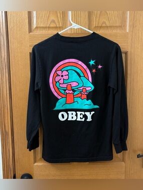 Obey Worldwide Men's Black Long Sleeve Mushroom Graphic T-Shirt Size Small